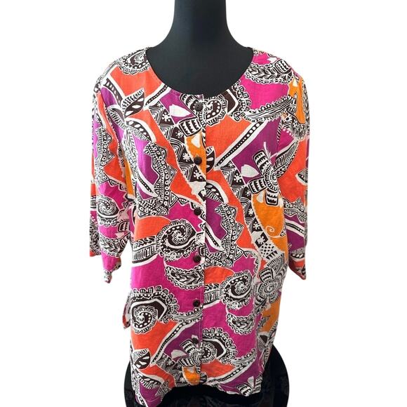 HOT COTTON | Plus Size Linen Blend Abstract Print Button Down Shirt | Size 1X - Picture 2 of 7